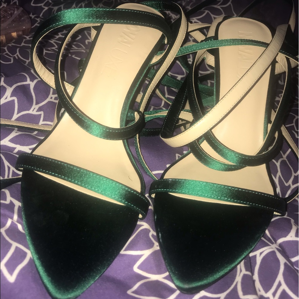 Green satin strap up heels